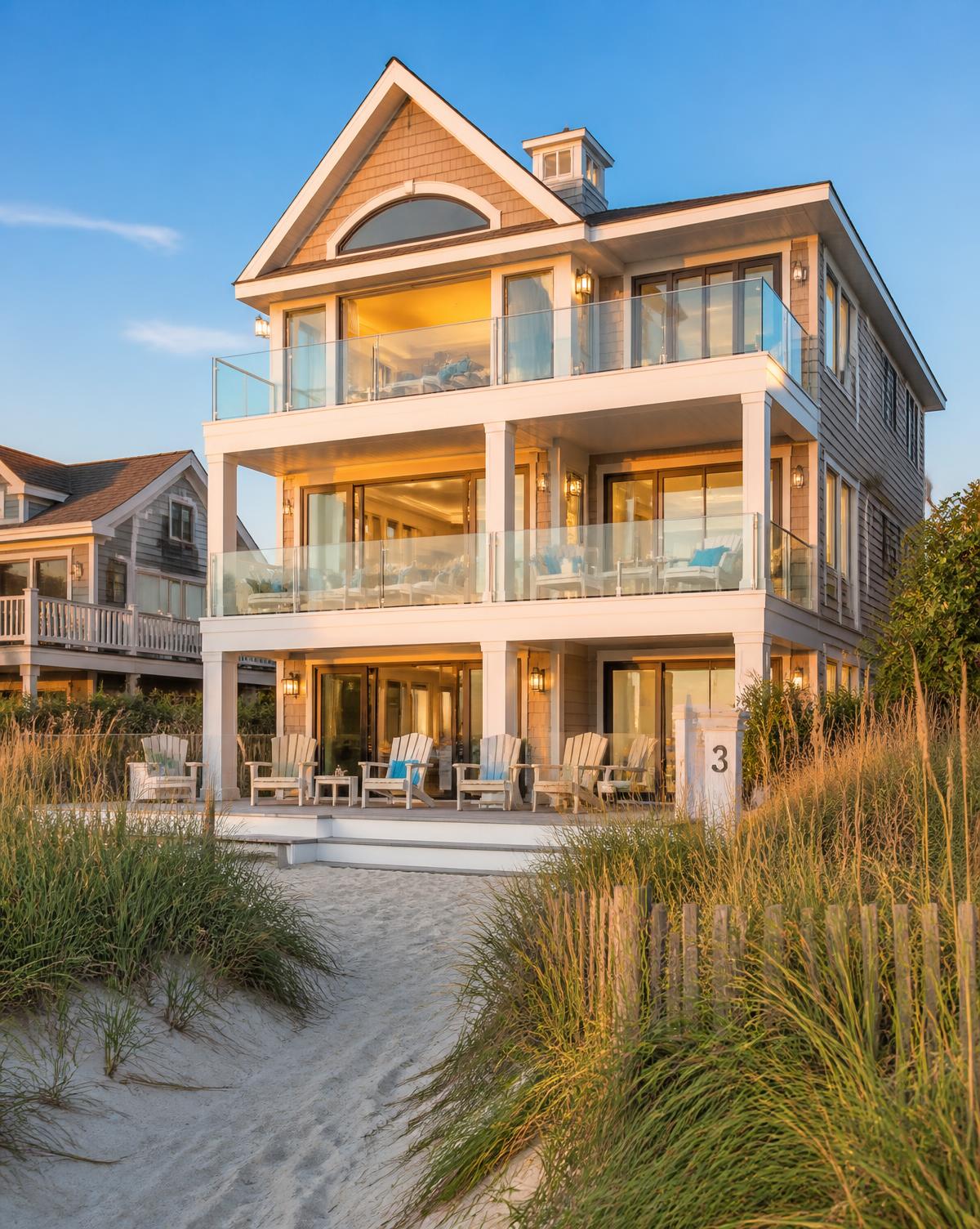 Sunlit beach house with dunes and blue sky in coastal Delaware